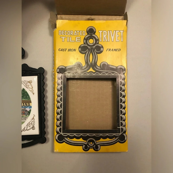 Decorated Tile Trivet Cast Iron Frames Vincennes Indiana Made in Japan - Picture 7 of 7